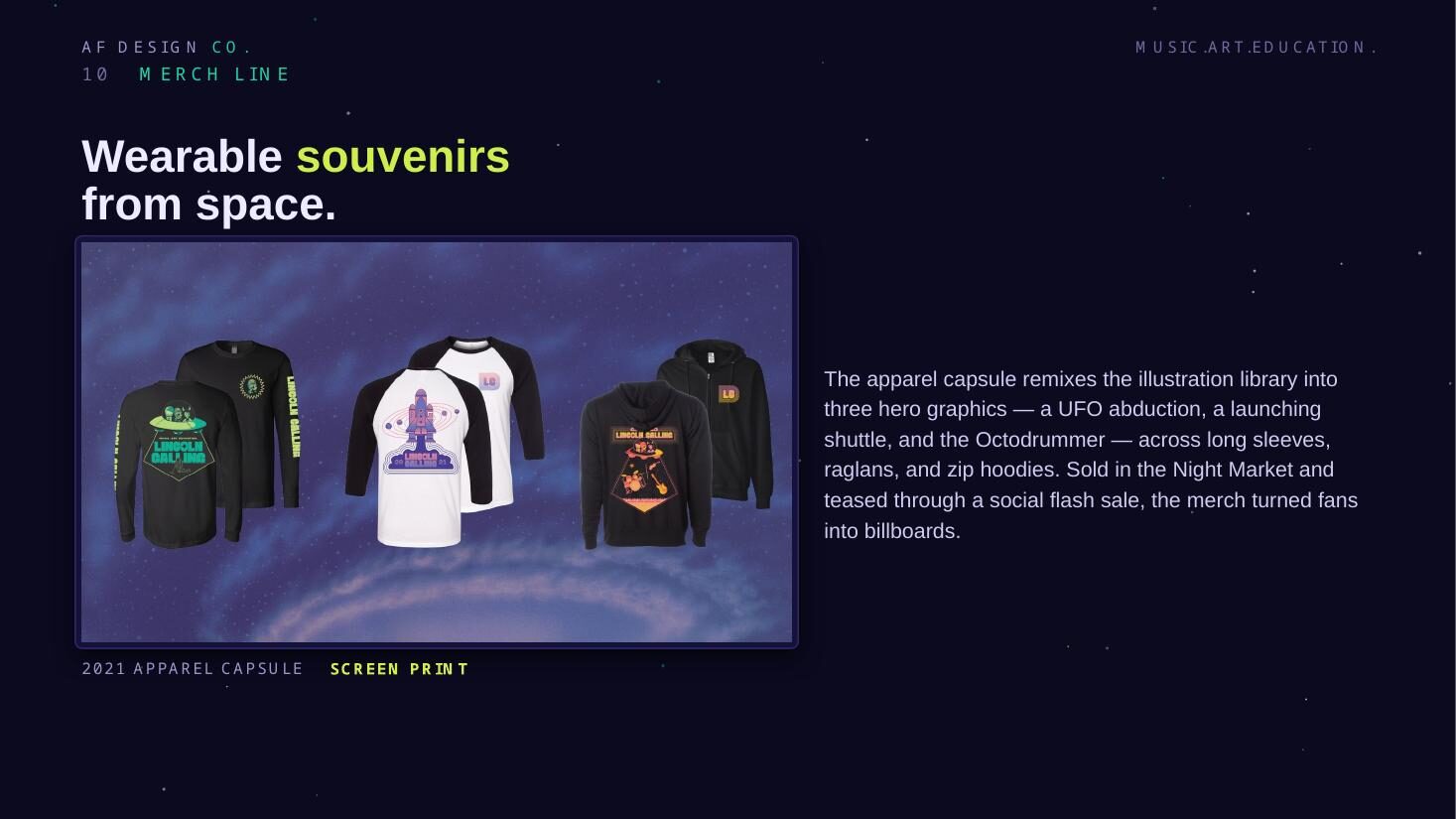 Screen-printed 2021 apparel capsule featuring UFO, shuttle and octodrummer graphics