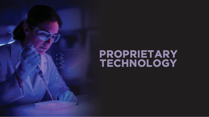 Proprietary technology section divider with a laboratory scientist pipetting a sample plate