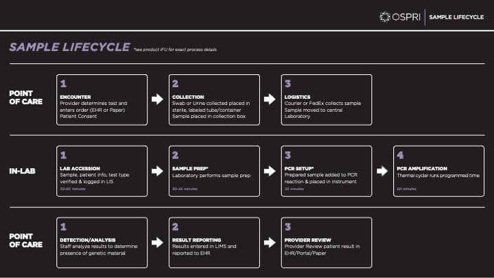 Sample lifecycle diagram tracking a specimen from point of care through the lab and back