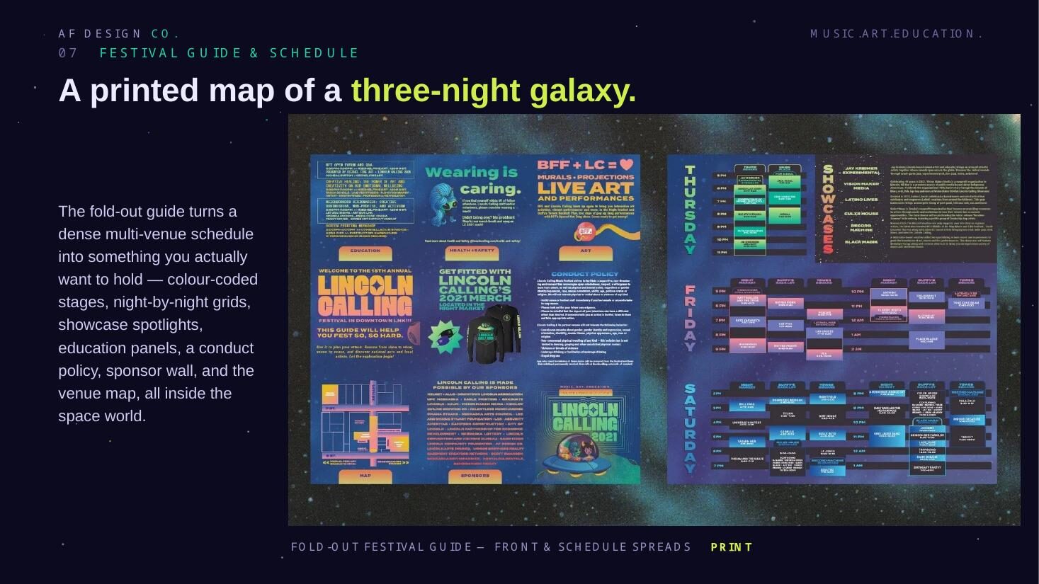 Fold-out festival guide and schedule spreads with colour-coded stages and venue map