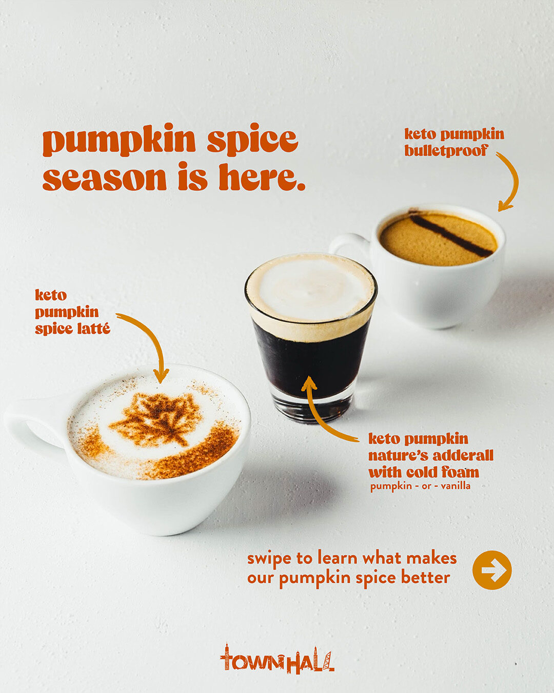TownHall pumpkin spice social graphic with keto pumpkin spice latte and cold foam drinks, captioned pumpkin spice season is here