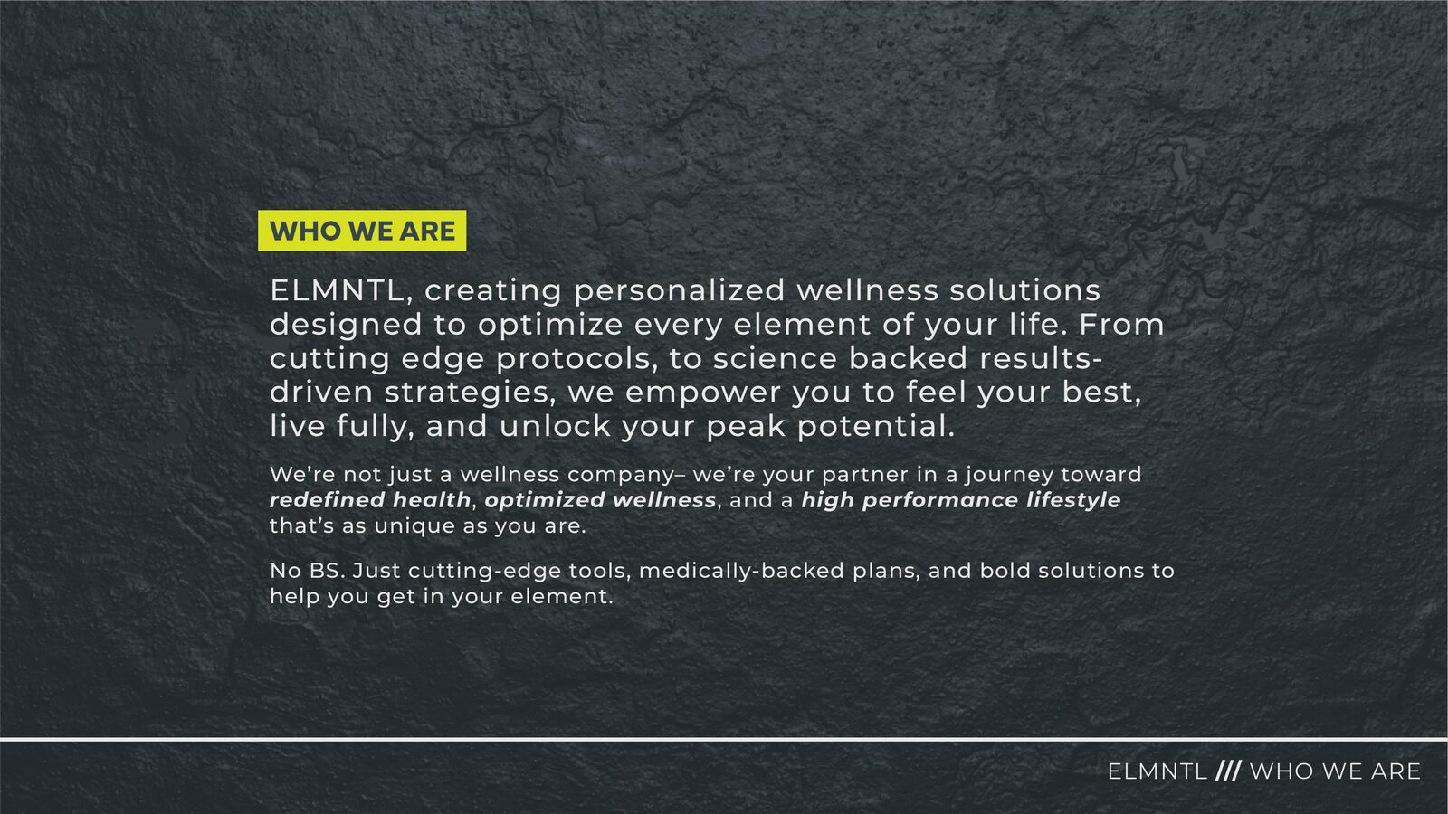 ELMNTL who we are slide describing the wellness offering