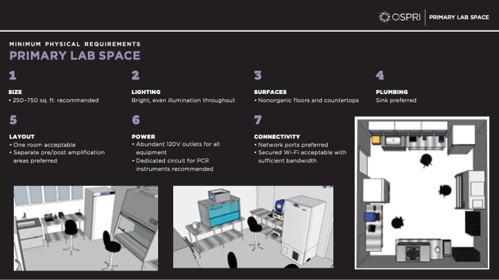 Primary lab space slide listing seven minimum physical requirements with renderings