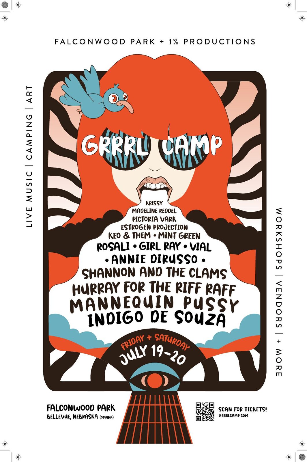 Grrrl Camp 2024 illustrated 11 by 17 inch lineup poster with a large central figure and the festival bill