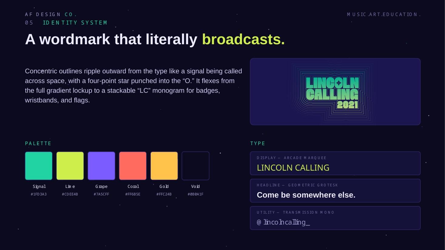 Identity system slide showing the Lincoln Calling wordmark, palette and typography