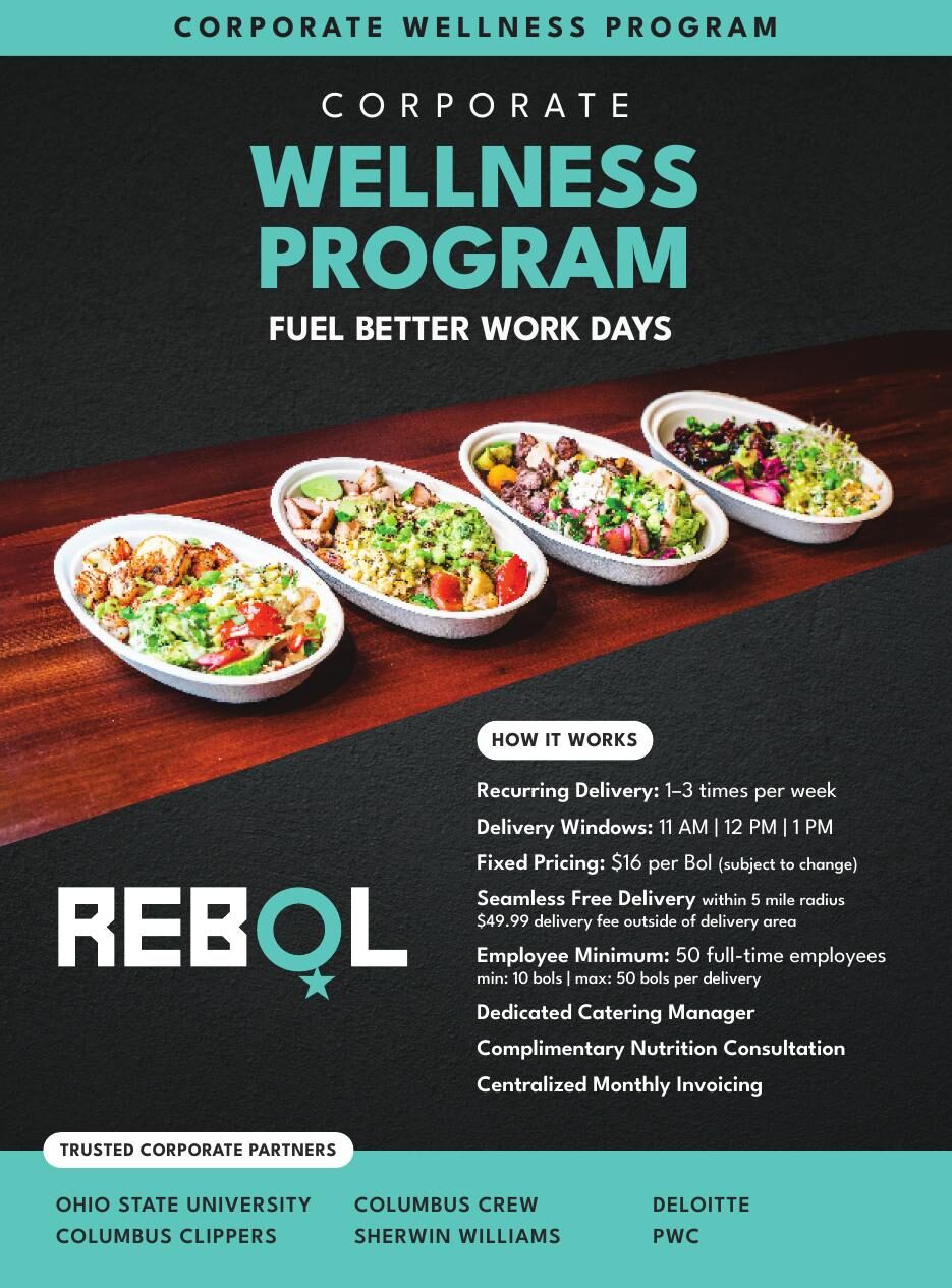 Rebol Corporate Wellness Program print insert cover with bowls of food and program details