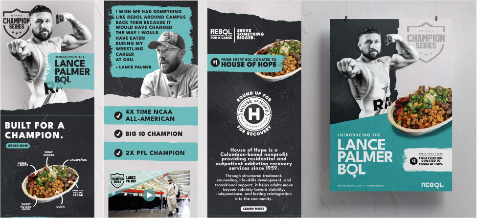 Champion Series extended creative — poster, athlete quote and credentials, House of Hope round-up, and in-store hanging banner