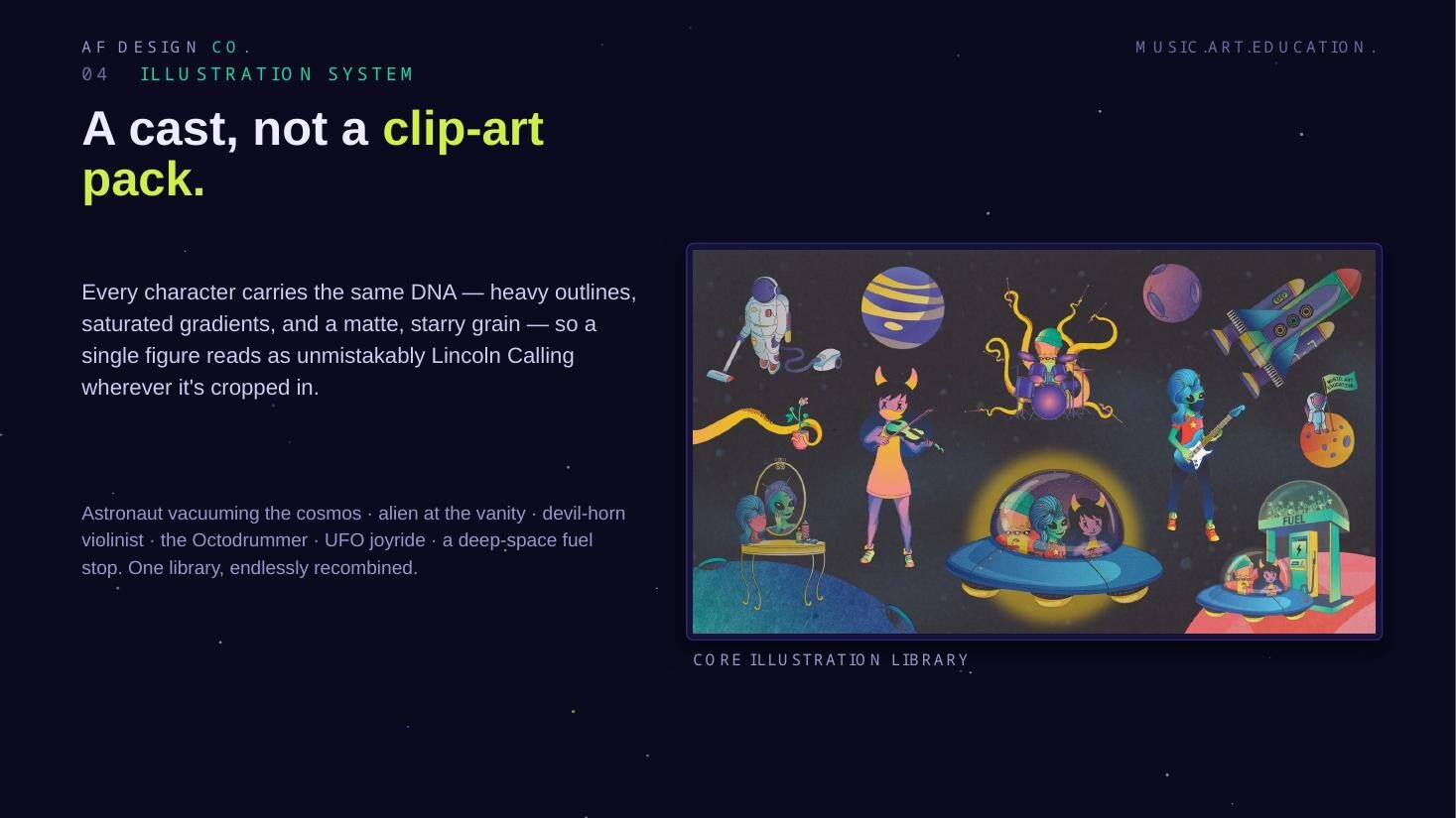 Illustration system slide showing the core character library of surreal space beings