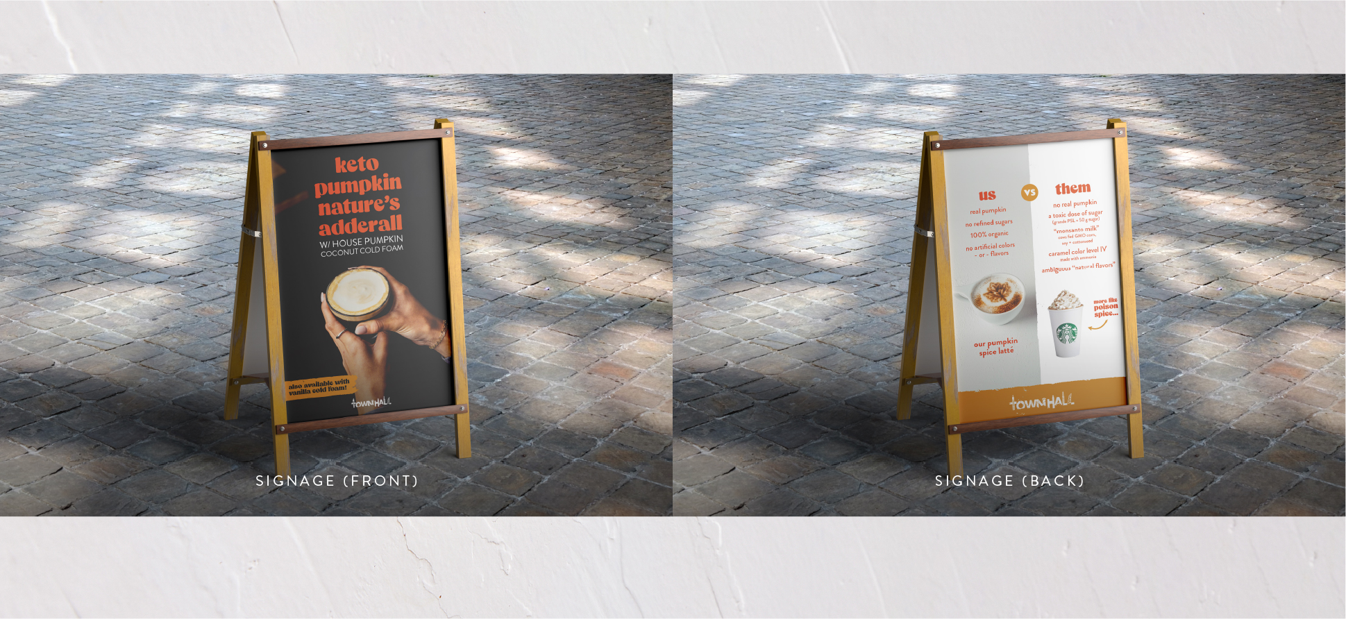 A-frame sidewalk signage mockups showing front and back of the pumpkin spice campaign