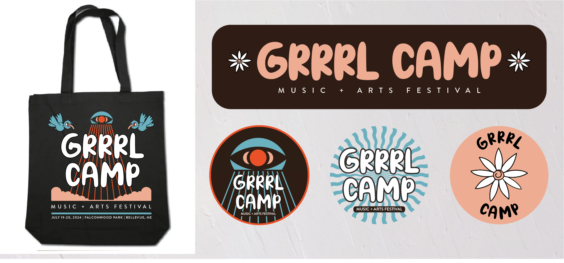 Grrrl Camp 2024 tote bag, banner logo, eye badge, sunburst sticker and flower sticker