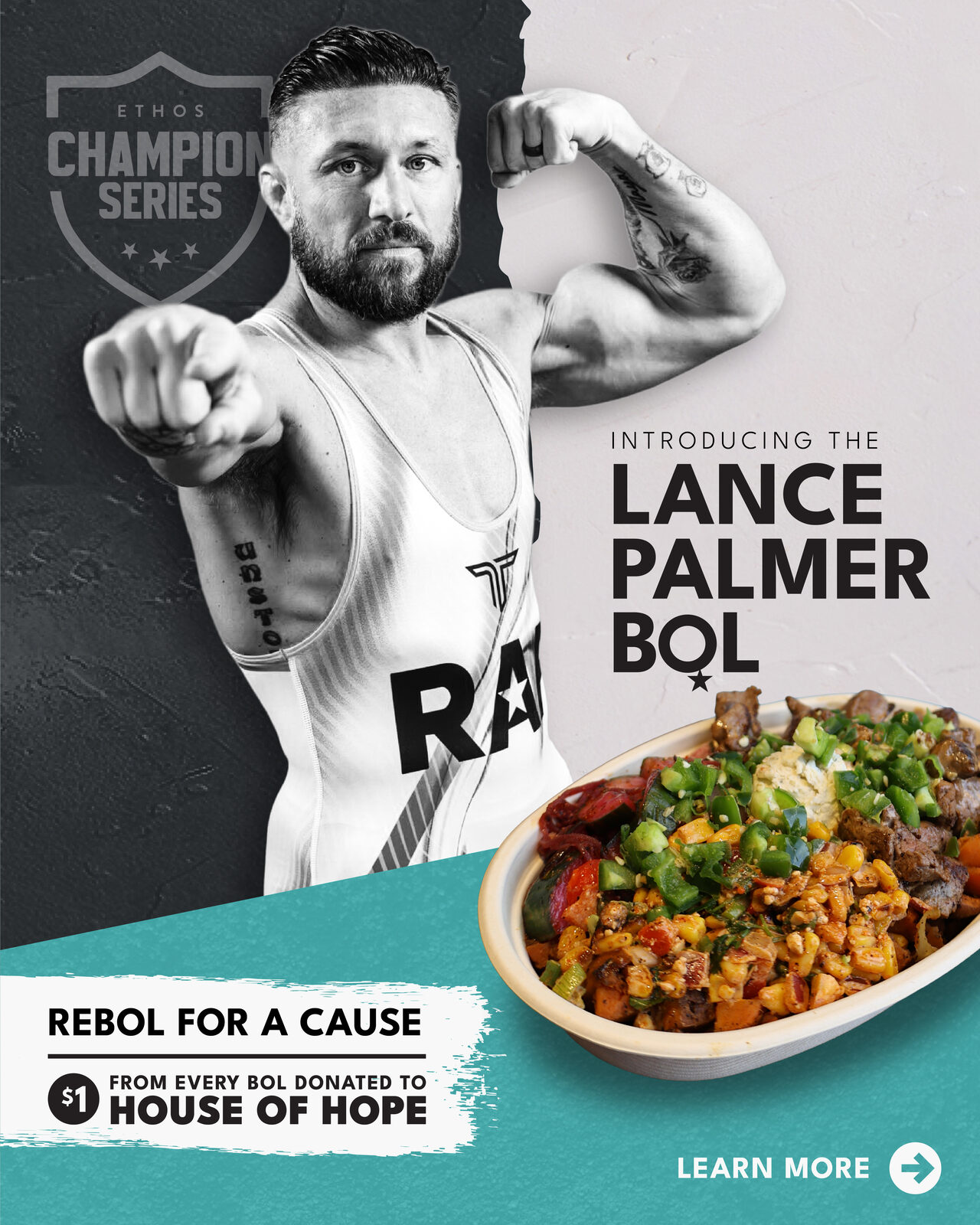 Rebol Champion Series promotional graphic introducing the Lance Palmer Bol with athlete portrait and bowl photography