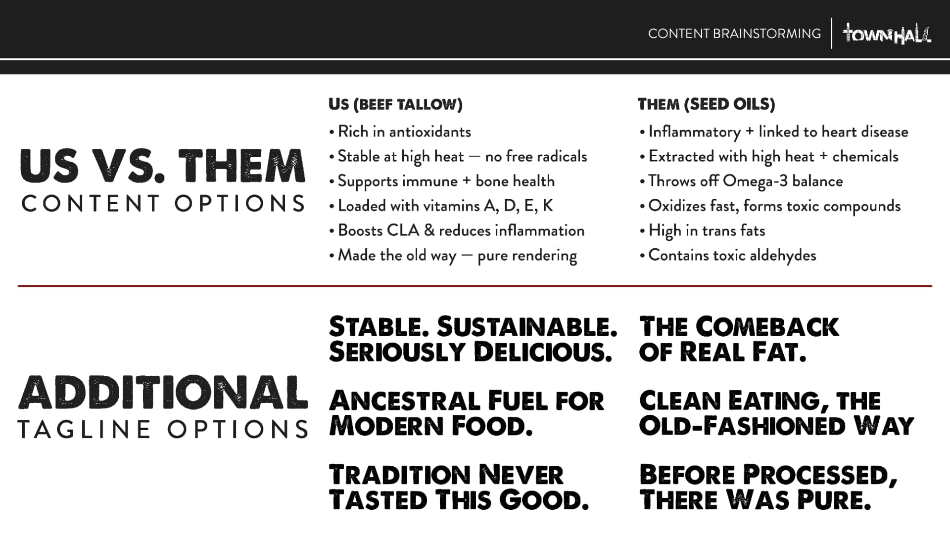 Content brainstorming slide with us versus them content options and additional tagline directions