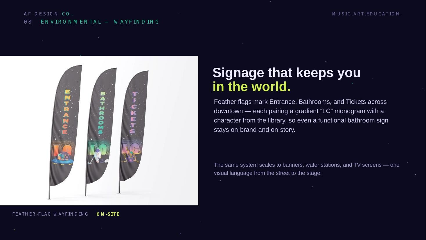 Feather-flag wayfinding signage for entrance, bathrooms and tickets
