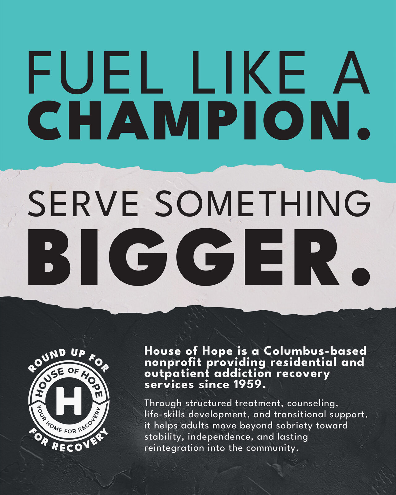 Champion Series carousel frame three with the cause donation message
