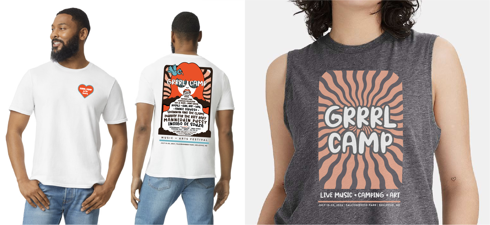 Grrrl Camp 2024 white and grey festival apparel mockups showing front, back and muscle-tank designs