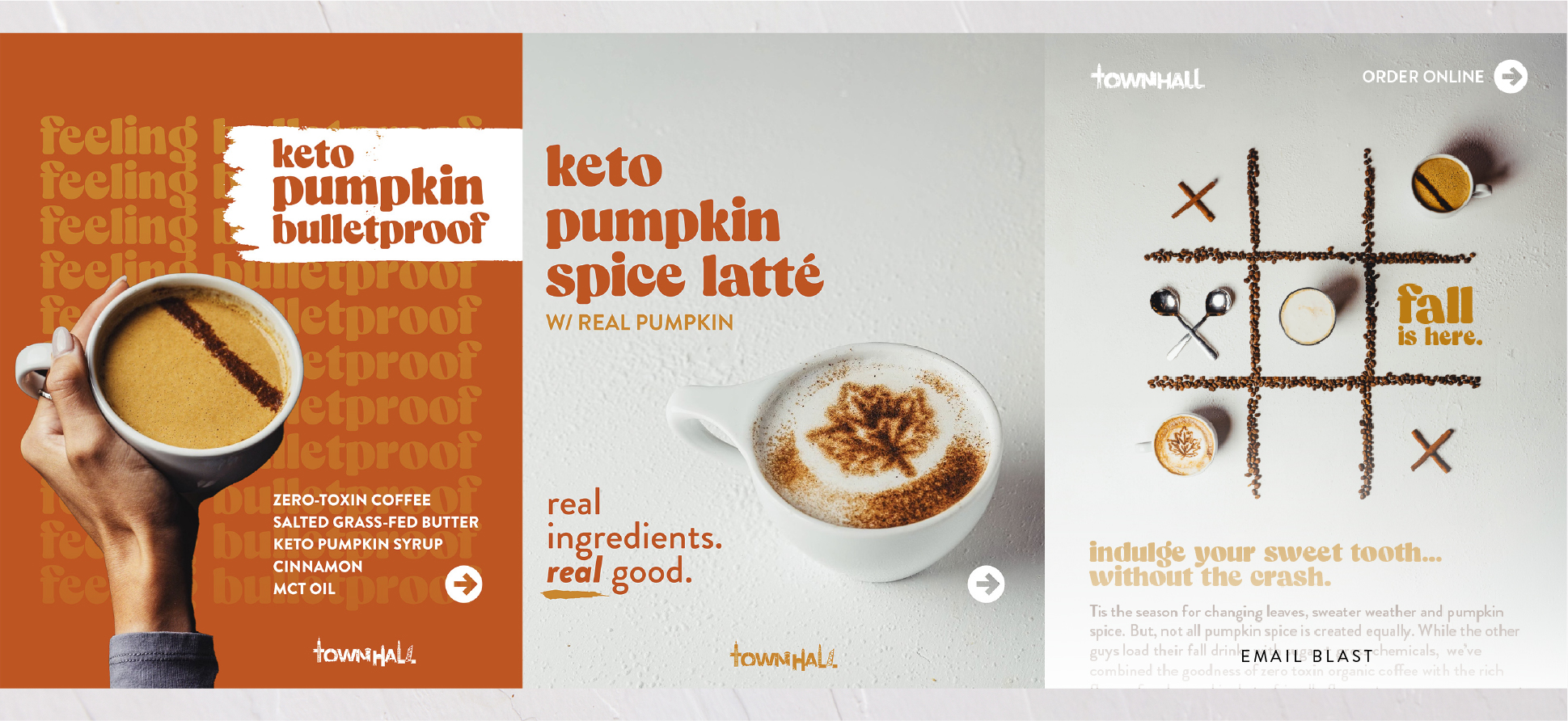 Pumpkin spice carousel frames covering keto bulletproof ingredients, latte hero and email blast