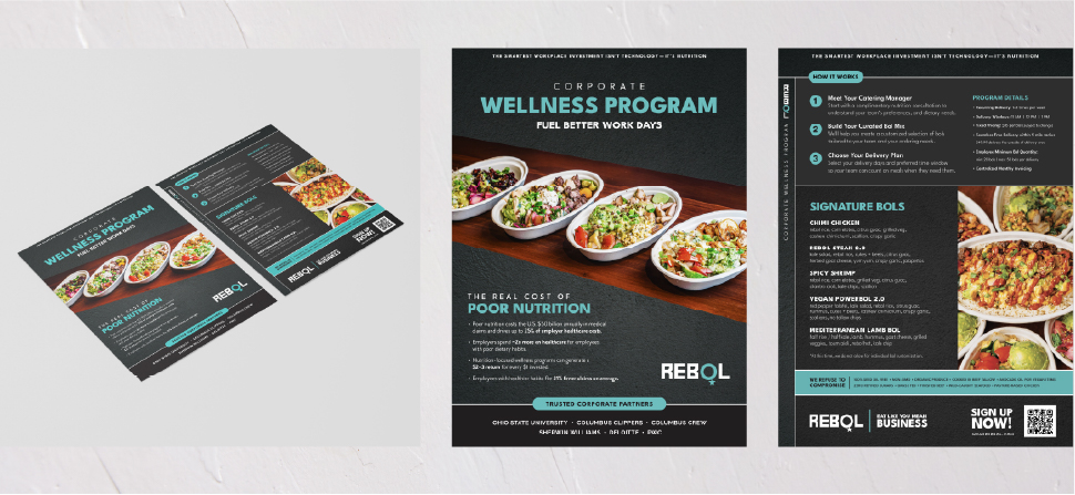 Rebol Corporate Wellness Program sales piece showing program overview, how it works, package tiers and signature bowls