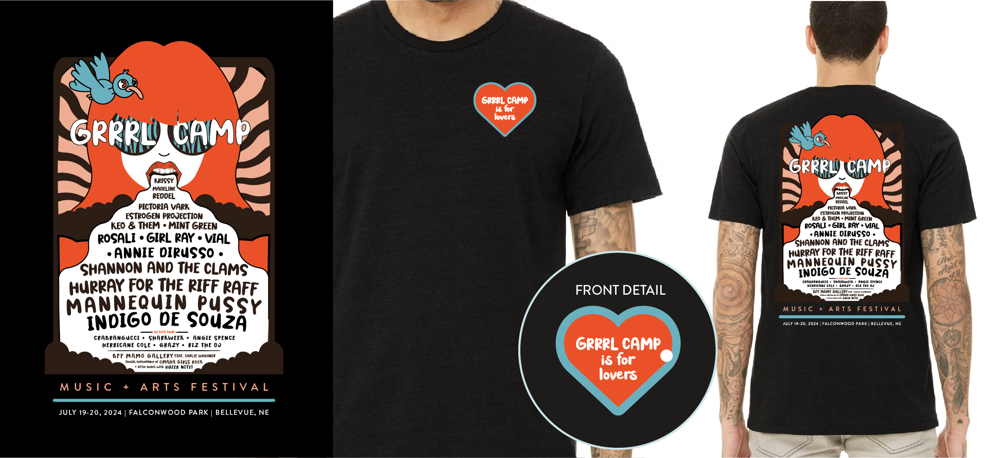 Grrrl Camp 2024 lineup poster alongside black t-shirt front and back mockups