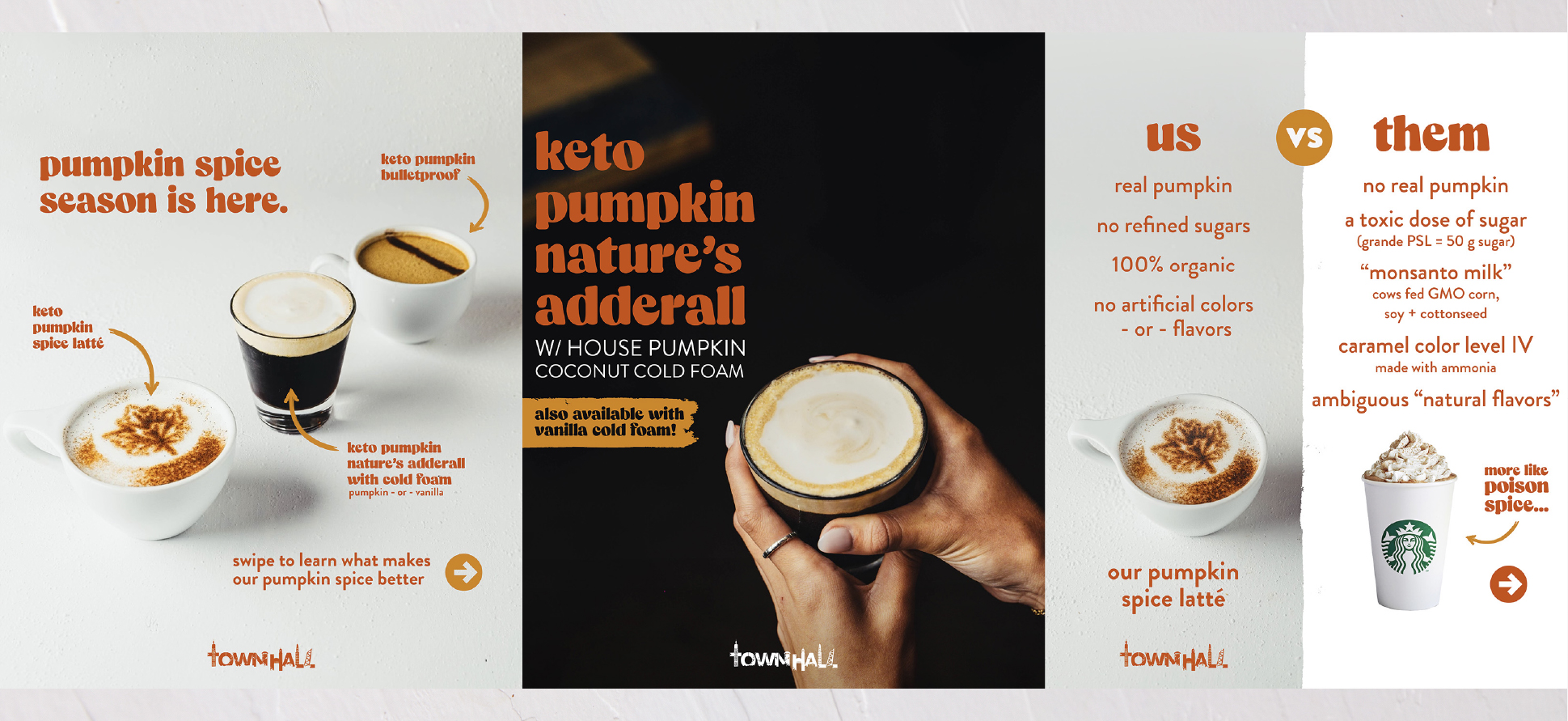 TownHall pumpkin spice social graphic with keto pumpkin spice latte and cold foam drinks, captioned pumpkin spice season is here