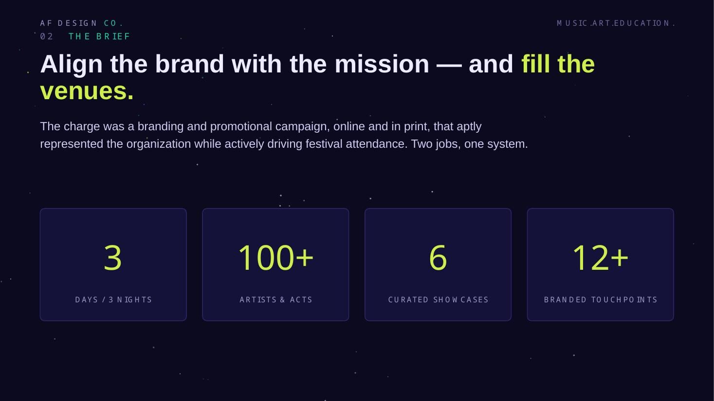 Case study slide describing the brief to align the brand with the mission and fill the venues