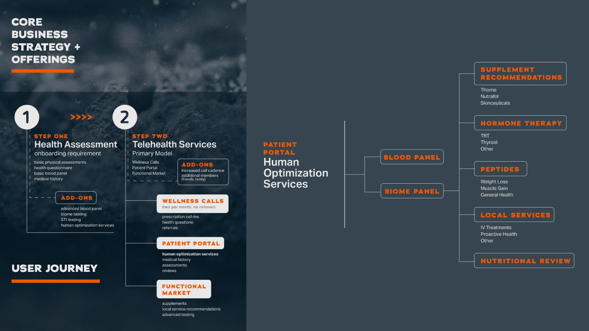 Wellness Flow core business strategy, user journey, and services diagram