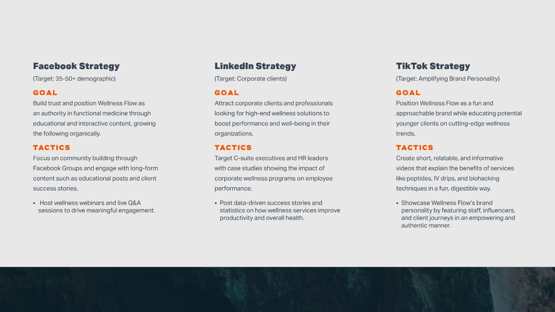 Wellness Flow Facebook, LinkedIn and TikTok strategy overview