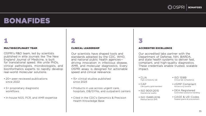 Bonafides slide outlining the multidisciplinary team, clinical leadership and lab accreditations