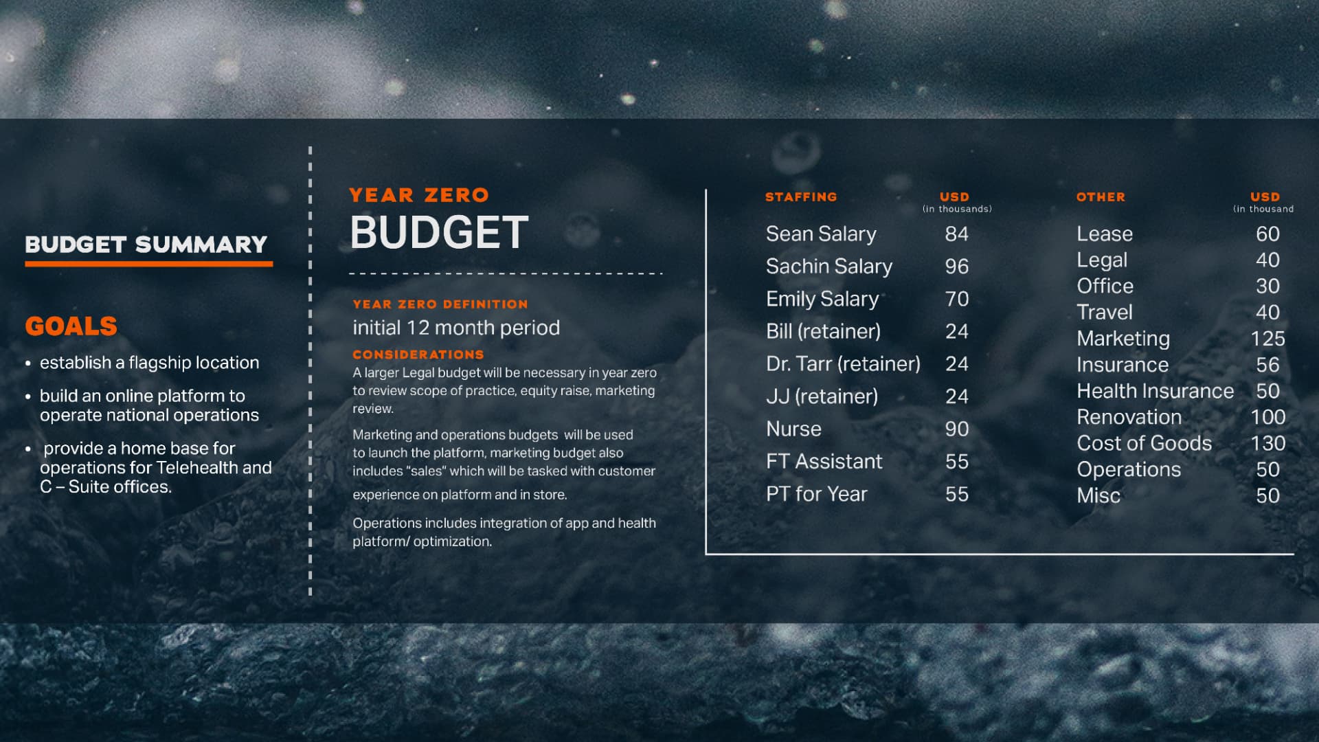Wellness Flow year zero budget summary with goals, considerations and staffing plan