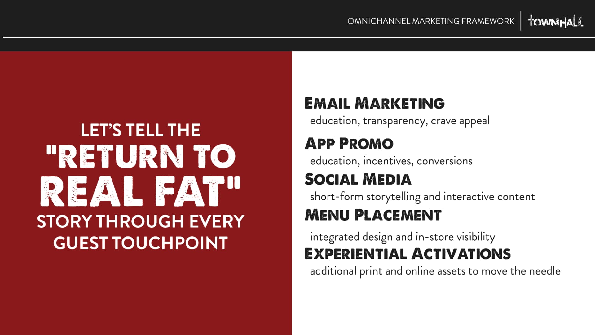 Omnichannel marketing framework slide mapping email, app promo, social, menu and experiential activations