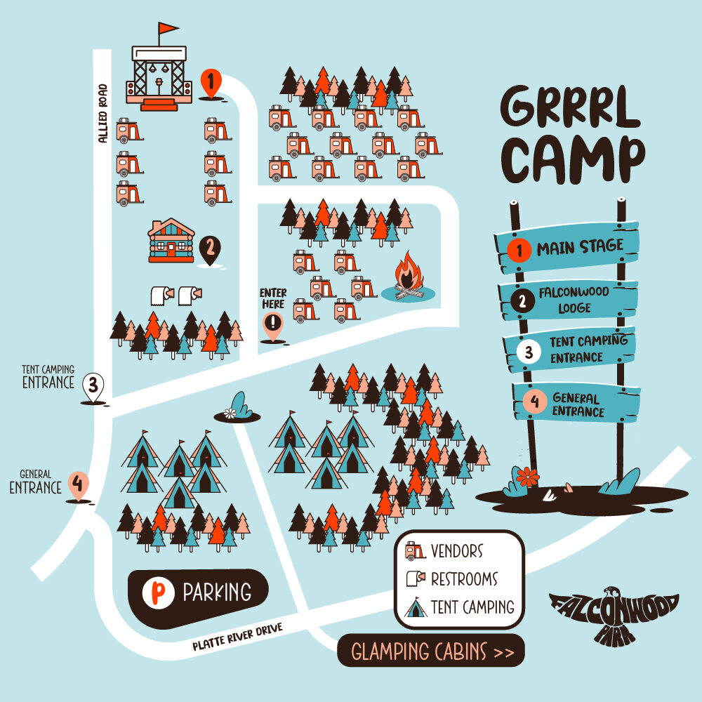 Illustrated Grrrl Camp 2024 site map showing the main stage, lodge, camping entrances and parking