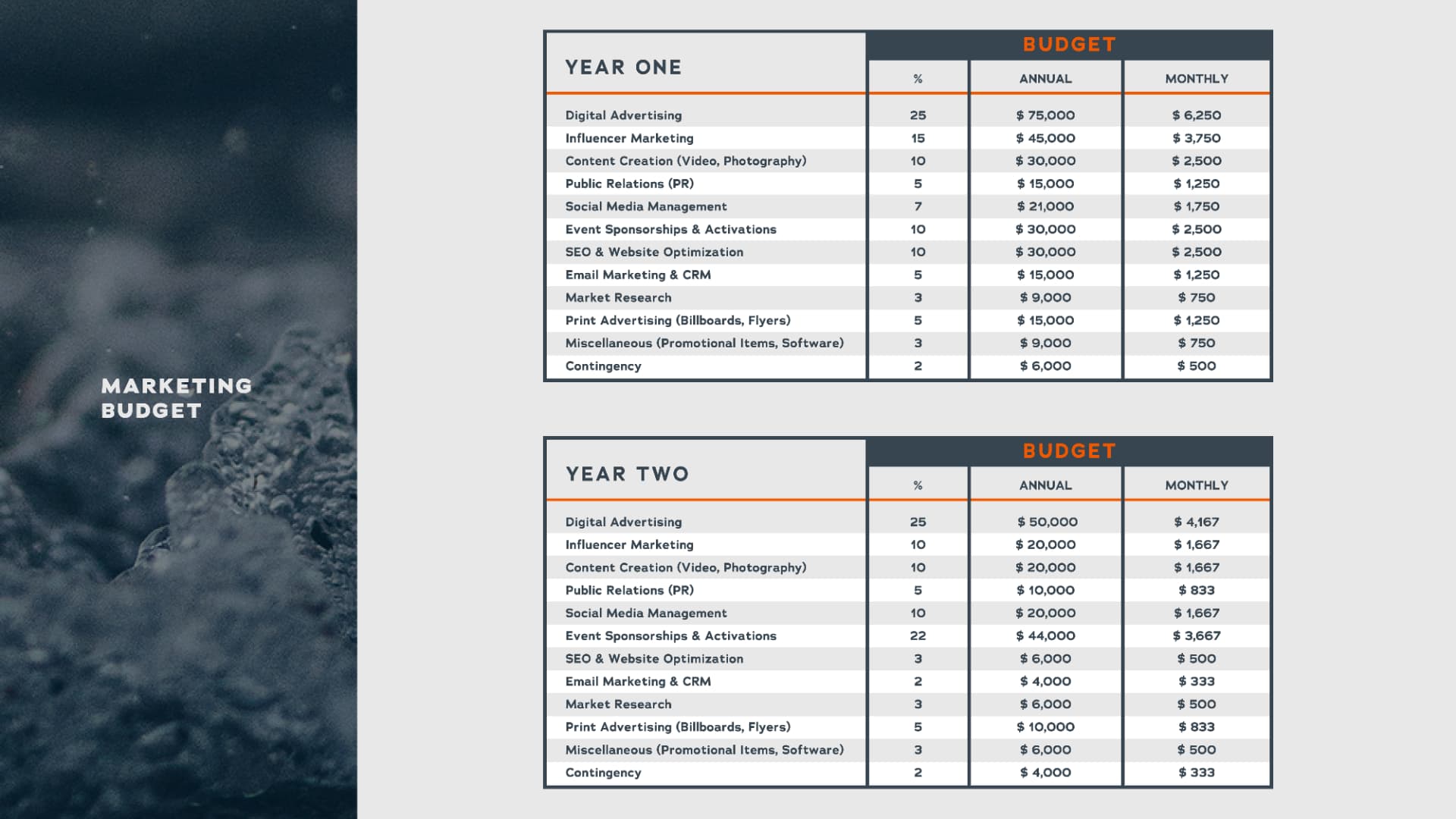 Wellness Flow marketing budget breakdown for year one and year two across channels